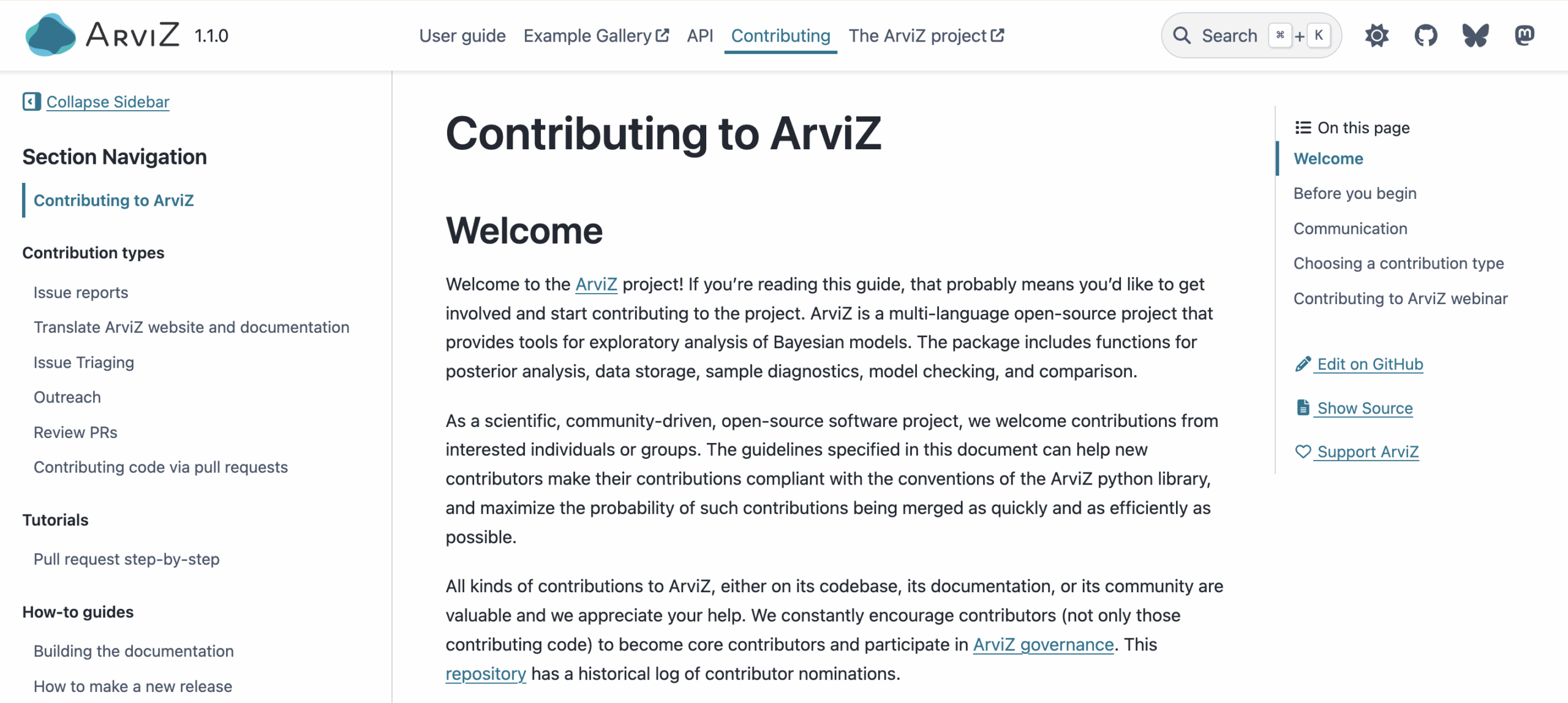 A screenshot of the ArviZ contributor guide
