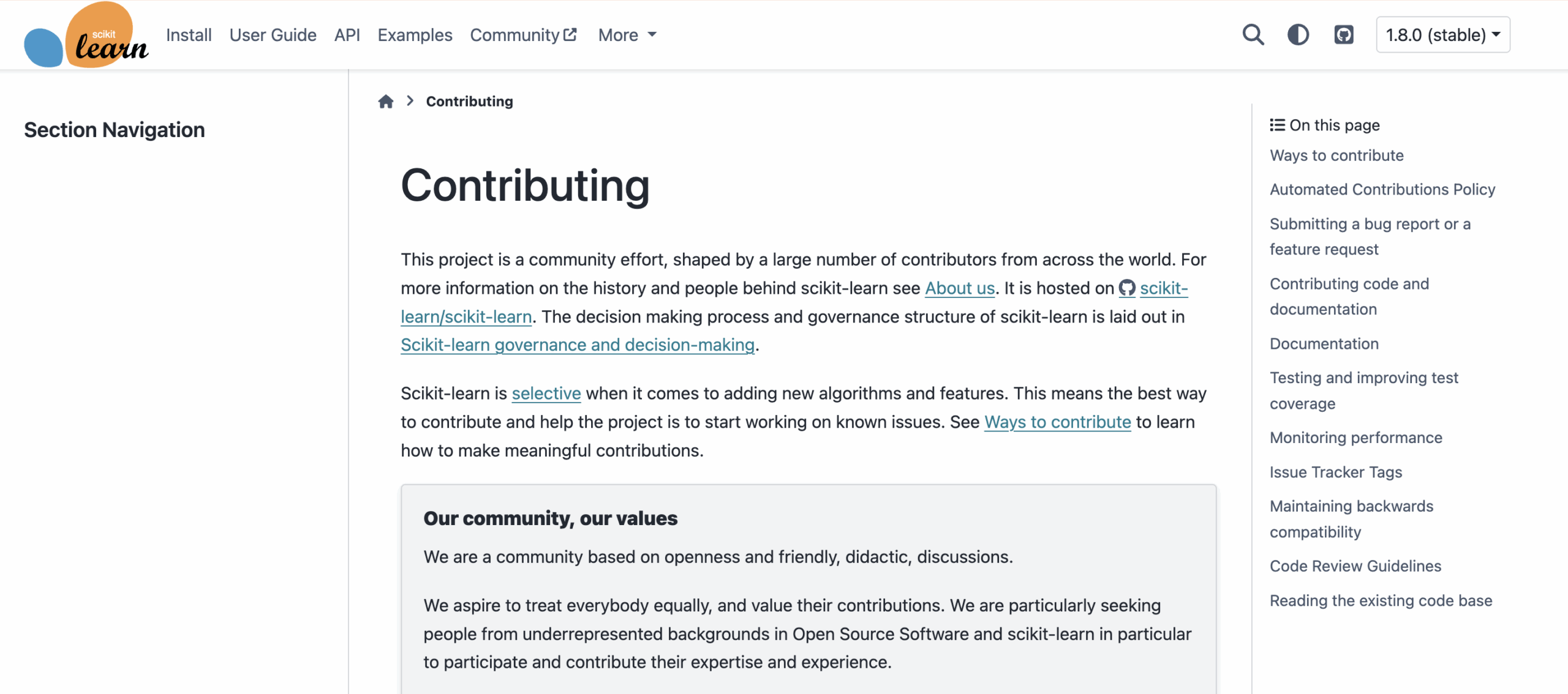 A screenshot of the SciKitLearn contributor guide. 